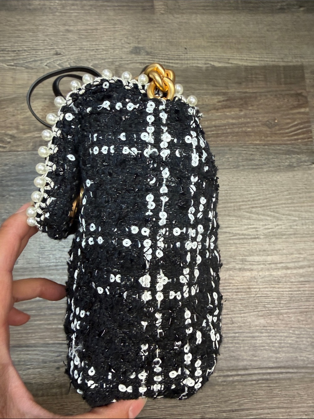 Kurt Geiger Tweed Black White Kensington Sequin Pearl Trim Handbag Purse - Picture 7 of 11